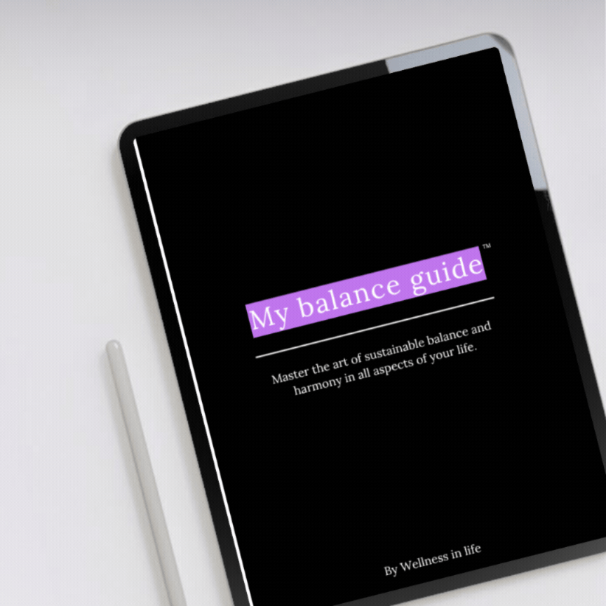 Digital eBook product called my balance guide displaying the first 4 pages on a tablet. A blueprint to creating sustainable balance and harmony in life.  Perfect for anyone ready to design a balanced lifestyle.
