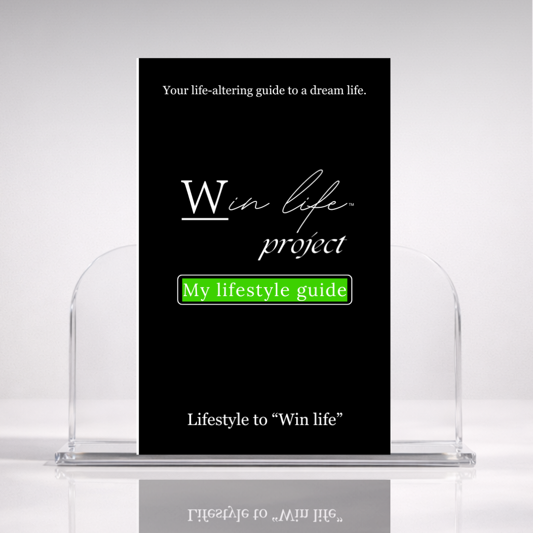 Black eBook titled 'My Lifestyle Guide' from the 'Win Life Project' in a professional hero photo on a stand with a white background. A 20 page blueprint on creating and living that dream lifestyle we all dream of, and architecting the life we truly want but never actually live. 