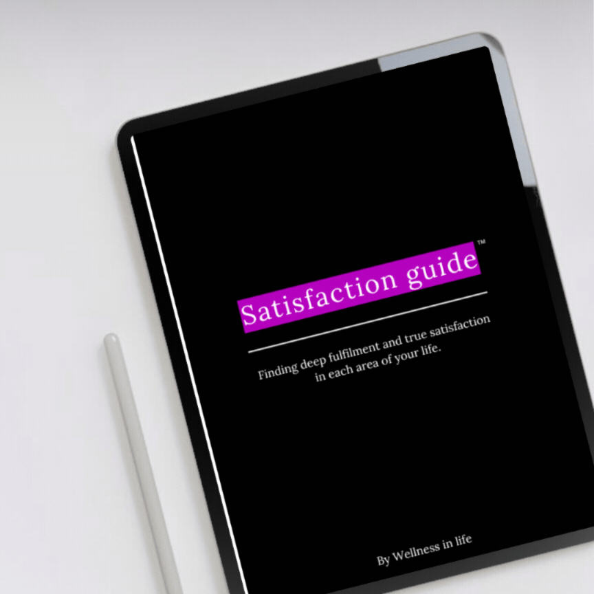 Digital eBook product called satisfaction guide displaying the first 4 pages on a tablet. A guide to finding deep fulfilment and true satisfaction in life. Perfect for anyone ready to experience a life that feels satisfying.