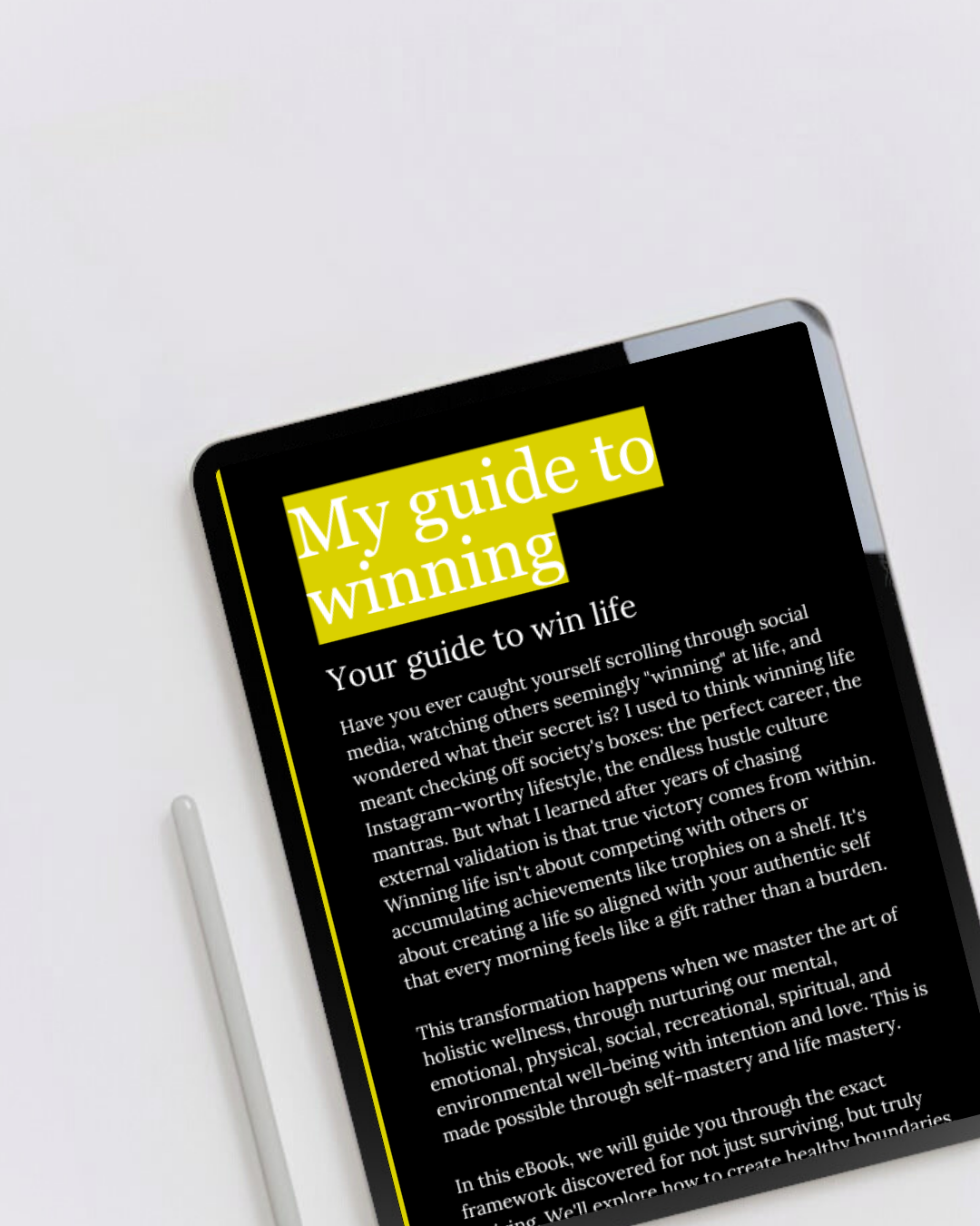 Digital eBook product called my winning guide displaying the first page on a tablet. A blueprint to living your best life and mastering the art of true success. Perfect for anyone ready to win life on their own authentic terms.